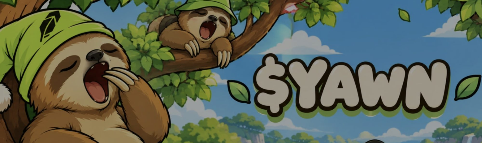 Sloths yawning in a jungle canopy, with the $YAWN logo