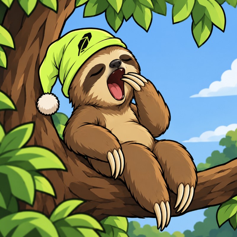 A sloth in a green nightcap yawning on a tree branch